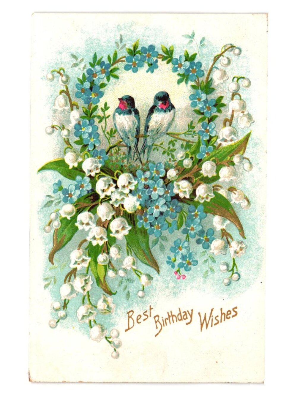 Antique Best Birthday Wishes Postcard Lily Bluebird Floral 1900 Print Germany